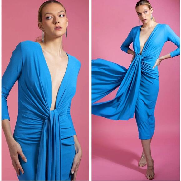 SOLACE LONDON Lorena Draped Deep V Neck Azure Blue Midi Dress Size 4 - Picture 2 of 9